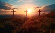 Crucifixion of Jesus Christ concept, Three crosses up on a hill at sunset,
