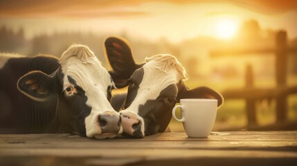 Affectionate Embrace of Black and White Cows. Close-up portrait of two black and white cows snuggling together in a field, showcasing a tender moment of farm animal affection.