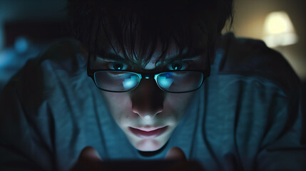 Portrait of young man using mobile phone in dark room at night, social media addiction