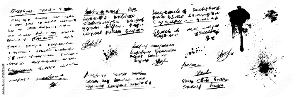 Handwriting text, vector old sketch notes, vintage written background, ink dirty splash diary blots. Pen scribble abstract texture calligraphy document, retro grunge paper. Handwriting text sign