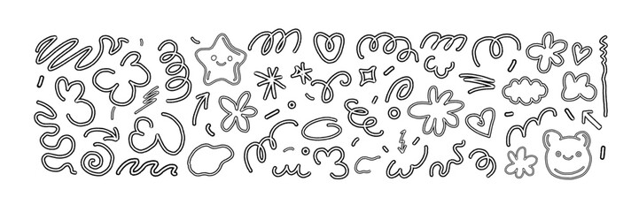 Groovy doodle line set, vector funny y2k scribble collection, abstract kids cute drawing, stars. Hand drawn outline sketch, wavy clouds spirals, circles. Groovy doodle freehand childish shape kit