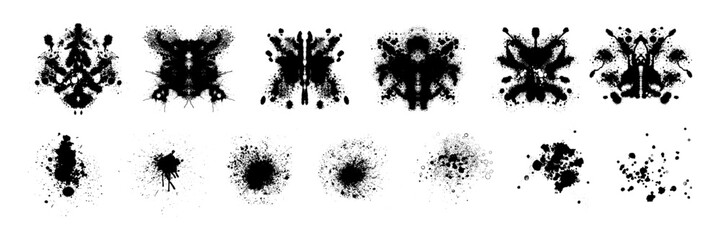 Wall Mural - Ink blot psychology test set, vector symmetric paint splash spot, acrylic abstract dripped shapes. Mental exam imagination element, graffiti splatter liquid stain on white. Ink blot diagnosis design