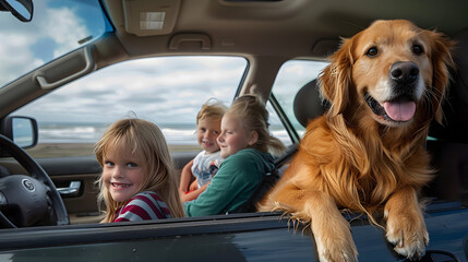 Wall Mural - Dog drive with kids