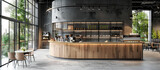 Fototapeta  - modern cozy interior design of industrial coffee shop cafe with stylish wooden round corner bar 