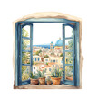 Window with a view of Greece, watercolor clipart illustration with isolated background.