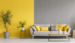 A modern living room with a yellow wall gray wall and gray couch with yellow pillows