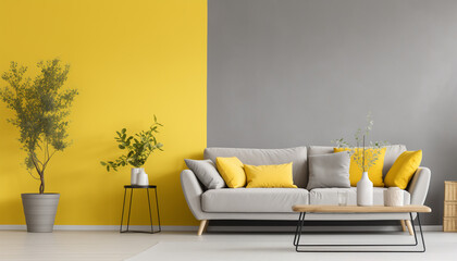 Wall Mural - A modern living room with a yellow wall gray wall and gray couch with yellow pillows