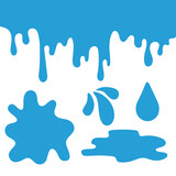 Fototapeta Dinusie - Water slime, splashes, drops set in cartoon flat style. Splatters and water spray, falling droplets, paint stain, puddle.