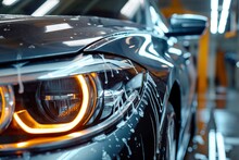 A Close-up Of The Headlights Of A Car Being Polished To Remove Dust, Dust Removal From The Car Headlights, Car Wash, Mobile Detailing, Car Detailing Closeup, Dust Cleaning From The Car, Car Cleaning