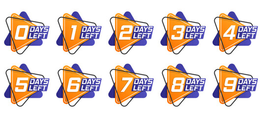 Offer timer, sticker limited to a few days. Countdown 1, 2, 3, 4, 5, 6, 7, 8, 9, days left label or emblem set. Collection badges sale, landing page, banner. Poster and flyer. Vector illustration.