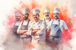 group of 5 professional male chefs in chef's clothes, inspired by passion for cooking, look into the camera and smile sweetly,concept of the restaurant business,culinary events,watercolor illustration
