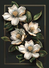 Wall Mural - golden frame of flowers and leaves on a black background, wedding card