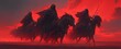 4 cloaked figures riding horses in the desert, red black grey white color palette