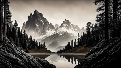 Wallpaper with forest and mountains, abstract texture, high contrast, minimalist graphics. Wallpaper in 4K resolution