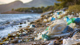 Fototapeta Konie - Trash-Filled Beach by Water