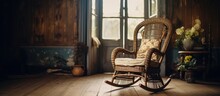 An Antique Wicker Rocking Chair Sits Peacefully In A Corner Of A Room, Bathed In Natural Light From A Nearby Window. The Aged Wooden Floors Contrast Beautifully With The Intricate Design Of The Chair.