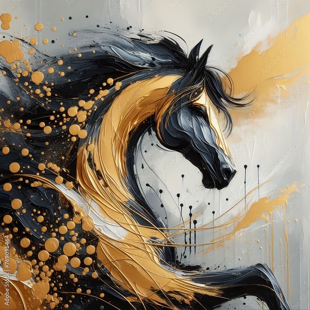 peinture acrylique, un cheval noir sur un fond gris dégradé , fait au ...