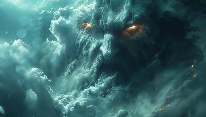 Wall Mural - The face of an angry God among the clouds. Stormy eyes. Biblical Apocalypse