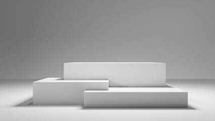 Poster - white abstract studio stage podium background forms - product placement display white steps with spotlight and gray background, table stage for products and design geometrical forms white background