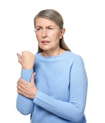 Poster - Arthritis symptoms. Woman suffering from pain in arm on white background