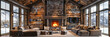 Cozy Cabin Interior with Fireplace, Wooden Furniture, and Warm Lighting, Comfortable and Rustic Home Design for Winter