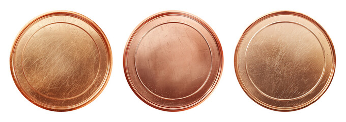 Set of realistic blank copper coins or medals isolated on white, empty metallic token template