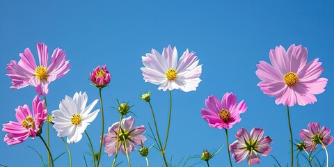 Wall Mural - White and pink flowers on a blue background are festive