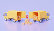 Delivery parcels yellow truck fast speed on model road home and office shipping. transportation logistic service express trunking concept. on pastel background. 3d render illustration