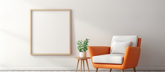 Wall Mural - Orange modern armchair placed in a bright white interior space with an empty picture frame on the wall