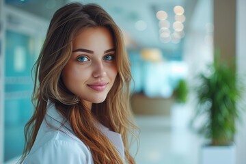 Wall Mural - Young beautiful woman receptionist standing in hotel lobby near the counter