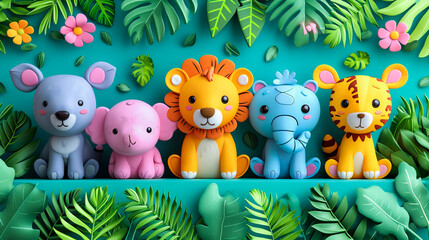 Wall Mural - Cute Cartoon Animals in Nature. Jungle Friends