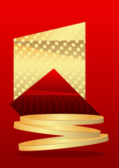 Wall Mural - Red and gold mockup product display. Vector cylinder pedestal podium. Minimal stage showcase for presentation.