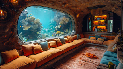 Wall Mural - Exotic Fish in the Living Area. Living Room Aquarium