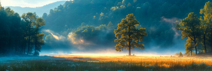 Wall Mural - Foggy Meadow. Enchanting Sunrise