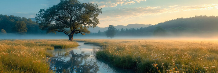 Wall Mural - foggy meadow. enchanting sunrise