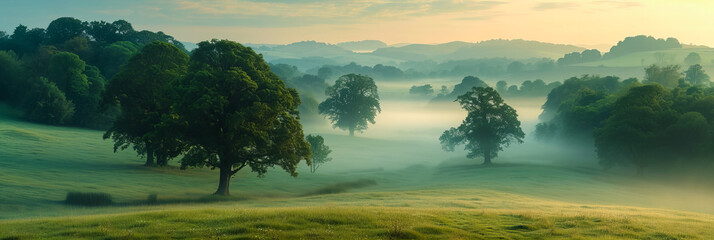 Wall Mural - foggy meadow. enchanting sunrise
