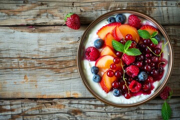 Wall Mural - Creamy Yogurt Bowl Topped with Fresh Summer Berries, Wooden Background