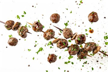 Sticker - Beef Meatballs and Mushrooms Skewers Floating, White Background