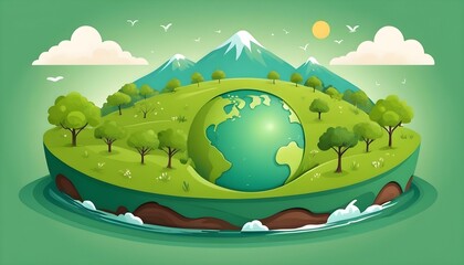 Wall Mural - illustration earth day cute style landscape green, for book cover, wallpaper earth day, presentation, community green earth created with generative ai.