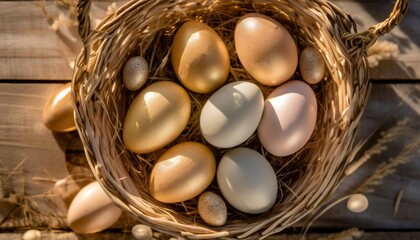 Wall Mural - top view of easter eggs on a wicker basket