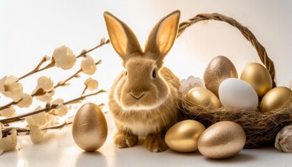 Wall Mural - easter bunny and easter eggs isolated on white background
