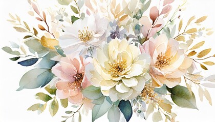 Wall Mural - watercolor floral bouquet isolated on white background floral composition for mother s day wedding birthday easter valentine s day greeting card wallpaper print pastel colors