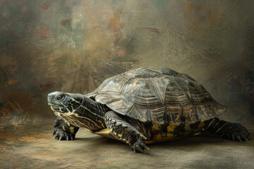 Wall Mural - A purebred turtle poses for a portrait in a studio with a solid color background during a pet photoshoot.

