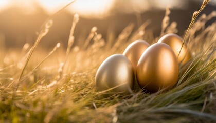 Wall Mural - beautiful easter eggs in grass with copy space