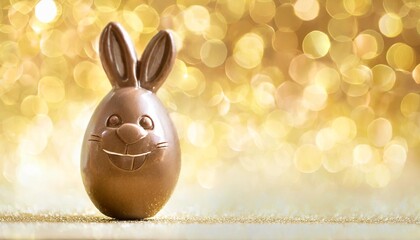 Wall Mural - funny bunny shaped chocolate easter egg on golden bokeh background background banner wallpaper copy space for text