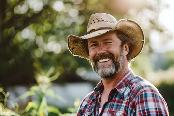 Cheerful farmer with cowboy hat outdoors. Agriculture industry concept. Farming lifestyle, farmland. Design for banner, poster with copy space