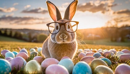 Wall Mural - bunny in glasses standing amongst tons of colored easter eggs