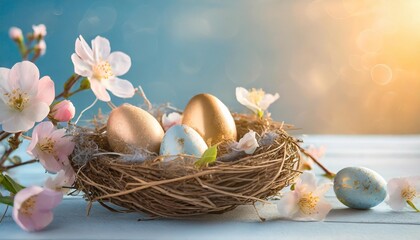 Wall Mural - birds nest with easter eggs and flowers blue background copy space