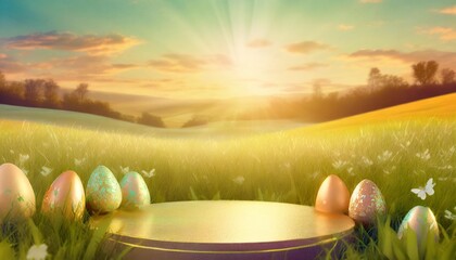 Wall Mural - easter product display table with easter eggs and spring meadow generative