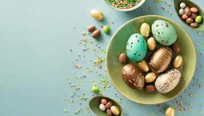 Wall Mural - easter sweets concept top view photo of green plate with chocolate easter eggs with dragees gingerbread and sprinkles on isolated pastel blue background with empty space